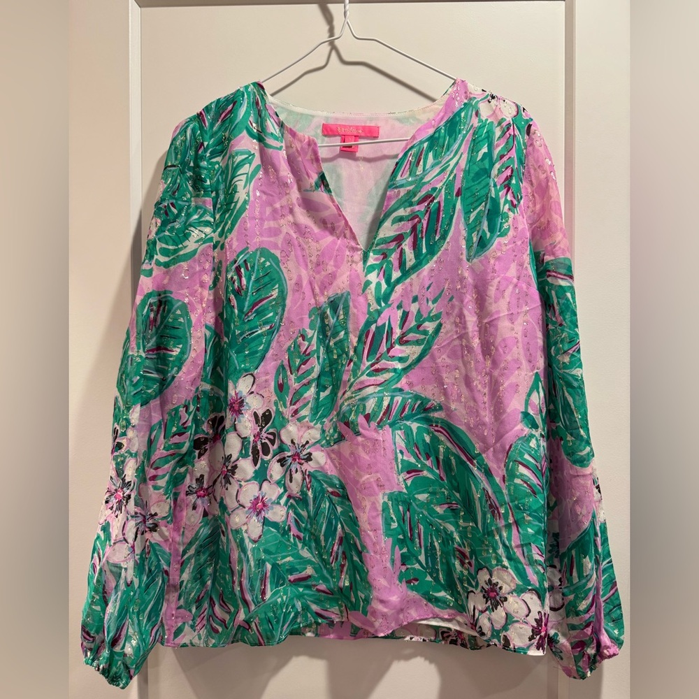Lilly Pulitzer Pink and Green Blouse Size Small - Picture 1 of 6